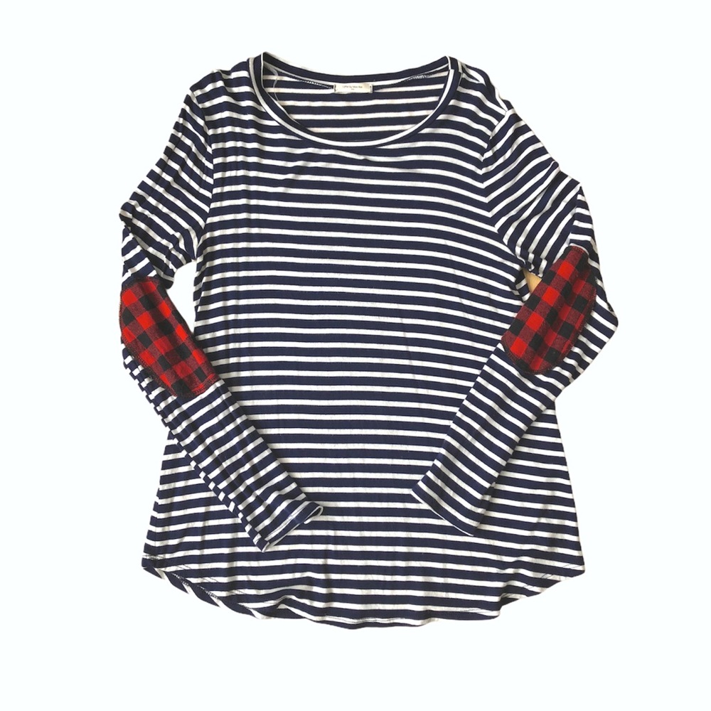 Navy Striped Plaid Patched Long Sleeve